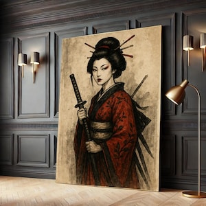 Geisha Samurai Canvas, Japanese Warrior Wall Art, Red Kimono Poster, Asian Culture Print, Canvas Wall Art Print, Home Decor, Ready to Hang