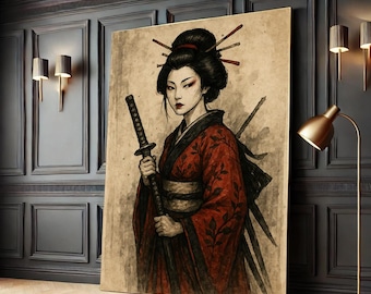 Geisha Samurai Canvas Print, Red Kimono, Japanese Warrior Art