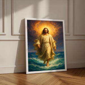 Radiant Jesus Walking on Water Canvas Wall Art Print | Inspirational Living Room Decor | Statement Piece