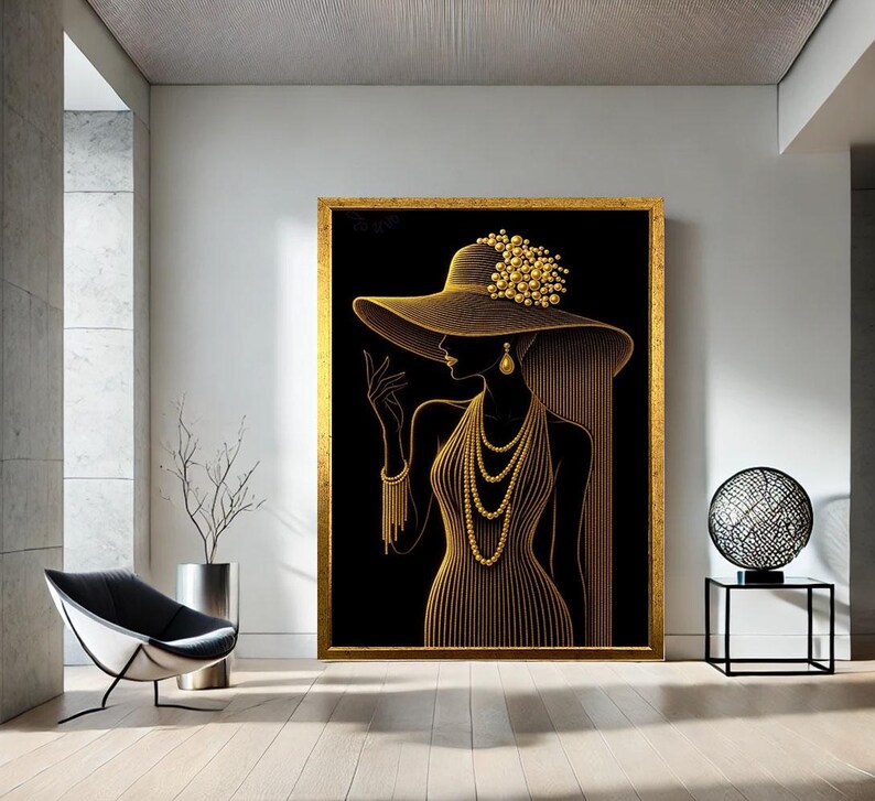 Black Woman Gold Line Art Print | Elegant Hat, Statement Canvas - Etsy
