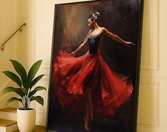 Ballerina in Red Dress Canvas Art Print, Elegant Dance Decor