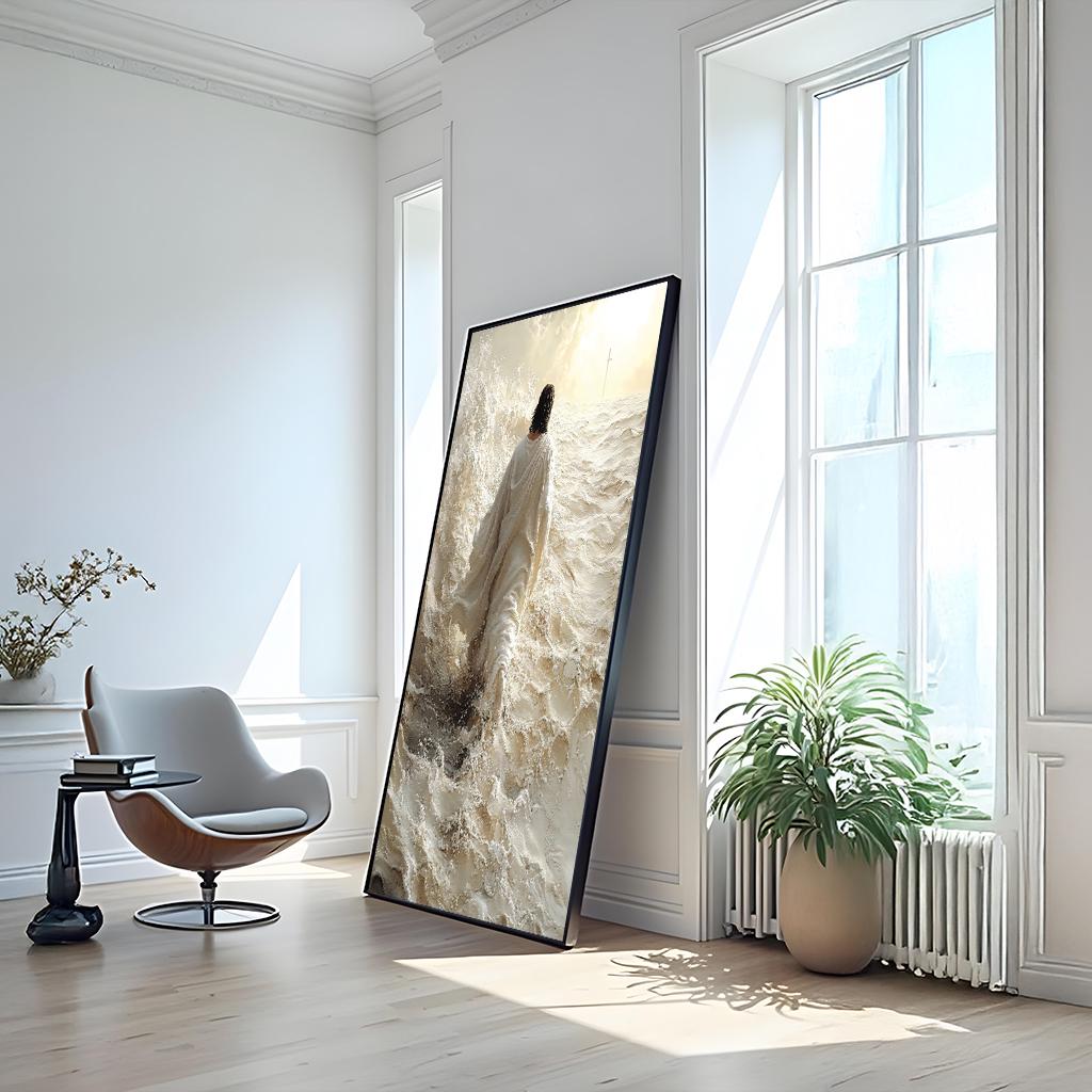 Jesus Walking on Water Canvas Wall Art Print Ready To Hang – Christian Religious Ocean Painting for Faithful Home Decor