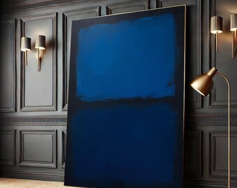 May include: A large abstract painting with two horizontal bands of deep blue paint. The painting is framed in a thin gold frame and hangs on a dark gray wall.