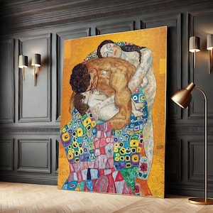 Colorful Gustav Klimt Hug Canvas Wall Art Print – Expressive Abstract Couple Painting for Modern Home Decor