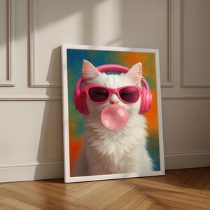 Quirky Cat with Headphones Canvas Wall Art Print | Colorful Living Room Decor | Statement Piece for Modern Art Lovers