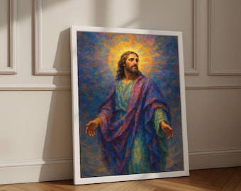 Può includere: Un dipinto incorniciato raffigura una figura con lunghi capelli castani e barba, che indossa una veste blu e viola. L'opera presenta un'aureola dorata e uno sfondo blu e giallo. Il dipinto è appoggiato a un muro bianco e a un pavimento in legno.