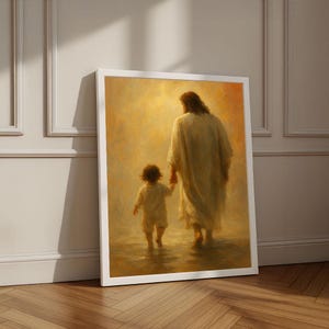 Radiant Jesus Walking with Child Canvas Wall Art Print | Warm Living Room Decor | Statement Piece