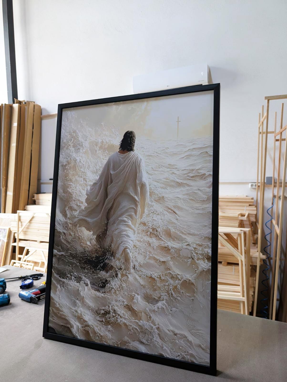 Jesus Walking on Water Canvas Wall Art Print – Christian Religious Ocean Painting for Faithful Home Decor