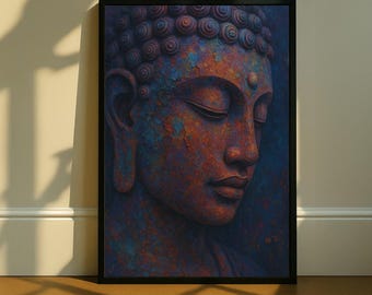 Puede incluir: Obra de arte enmarcada que presenta un primer plano del rostro de un Buda. La imagen muestra una paleta de colores de azules profundos, naranjas oxidados y morados, con una apariencia texturizada y envejecida. Los ojos del Buda están cerrados, transmitiendo paz.