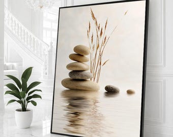 May include: A framed art print featuring a stack of smooth, beige stones balanced in water, with dried grasses and two additional stones. The artwork has a neutral color palette and a calming, zen-like aesthetic.