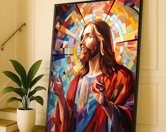 Stained Glass Jesus Canvas Art Print, Radiant Christian Decor