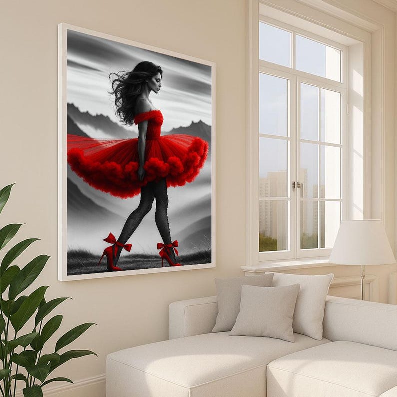 Red Dress Woman Art Print | Elegant Canvas Wall Decor - Etsy