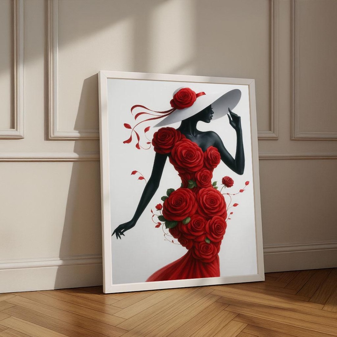 Woman in Red Rose Dress Canvas Print | Elegant Bedroom Wall Art - Etsy