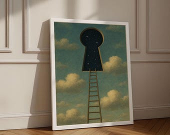 May include: A framed art print featuring a surreal landscape. A keyhole shape reveals a starry night sky above a ladder extending from the clouds. The artwork has a vintage aesthetic with soft colors and a dreamy quality.