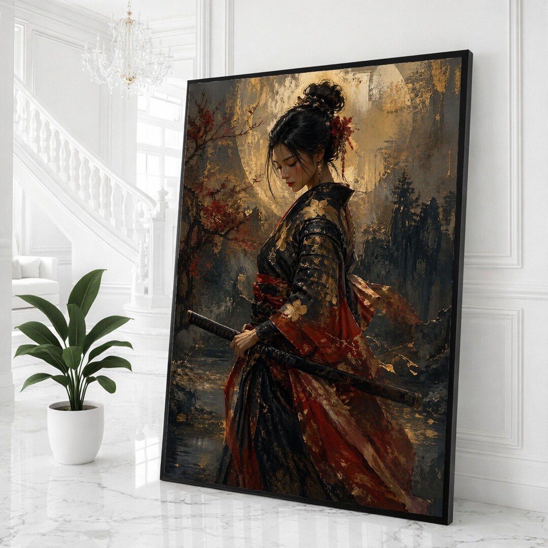 Japanese Samurai Woman Framed Wall Art, Red Black Canvas Print, Asian ...