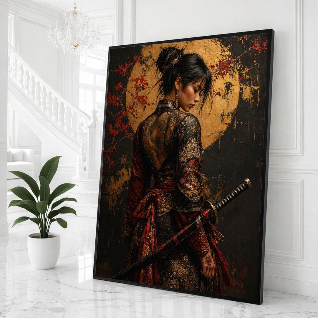 Japanese Samurai Woman Framed Wall Art, Red Gold Kimono Canvas Print ...