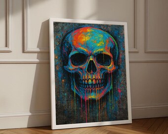 Impresión en lienzo de calavera de neón / Arte mural abstracto vibrante