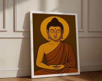 May include: A framed art print featuring a seated Buddha figure in a meditative pose. The artwork has a warm color palette with a brown background, a golden halo, and the Buddha's robes in shades of orange and brown. The print is in a white frame.