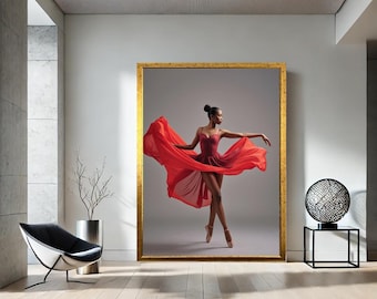 Arte em tela com bailarina negra, vestido vermelho, estampa de dançarina elegante.