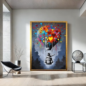 Colorful Graffiti Heart Balloon Canvas, Urban Street Art Wall Print, Banksy Inspired Boy Poster, Modern Pop Art for Home Decor