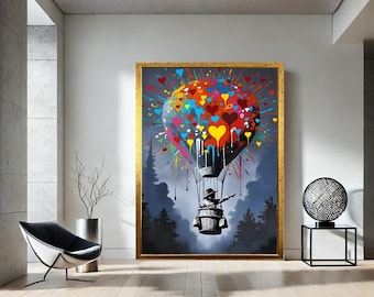 Colorful Graffiti Heart Balloon Canvas, Banksy Inspired Pop Art Print