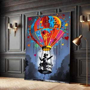 Colorful Graffiti Heart Balloon Canvas, Urban Street Art Wall Print, Banksy Inspired Boy Poster, Modern Pop Art for Home Decor