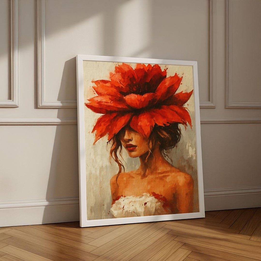 Elegant Floral Woman Portrait Canvas Wall Art Print | Red Living Room ...