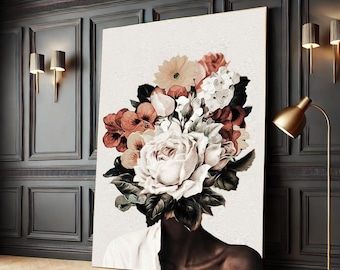 Floral Head Black Woman Canvas Art, Modern Feminine Portrait Print