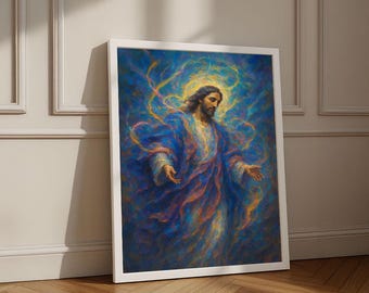 Può includere: Una stampa artistica incorniciata con un ritratto di una figura con capelli lunghi e barba, che indossa vesti blu e viola. L'opera d'arte ha uno stile pittorico vibrante con un alone luminoso e uno sfondo a spirale nei toni del blu e dell'oro.