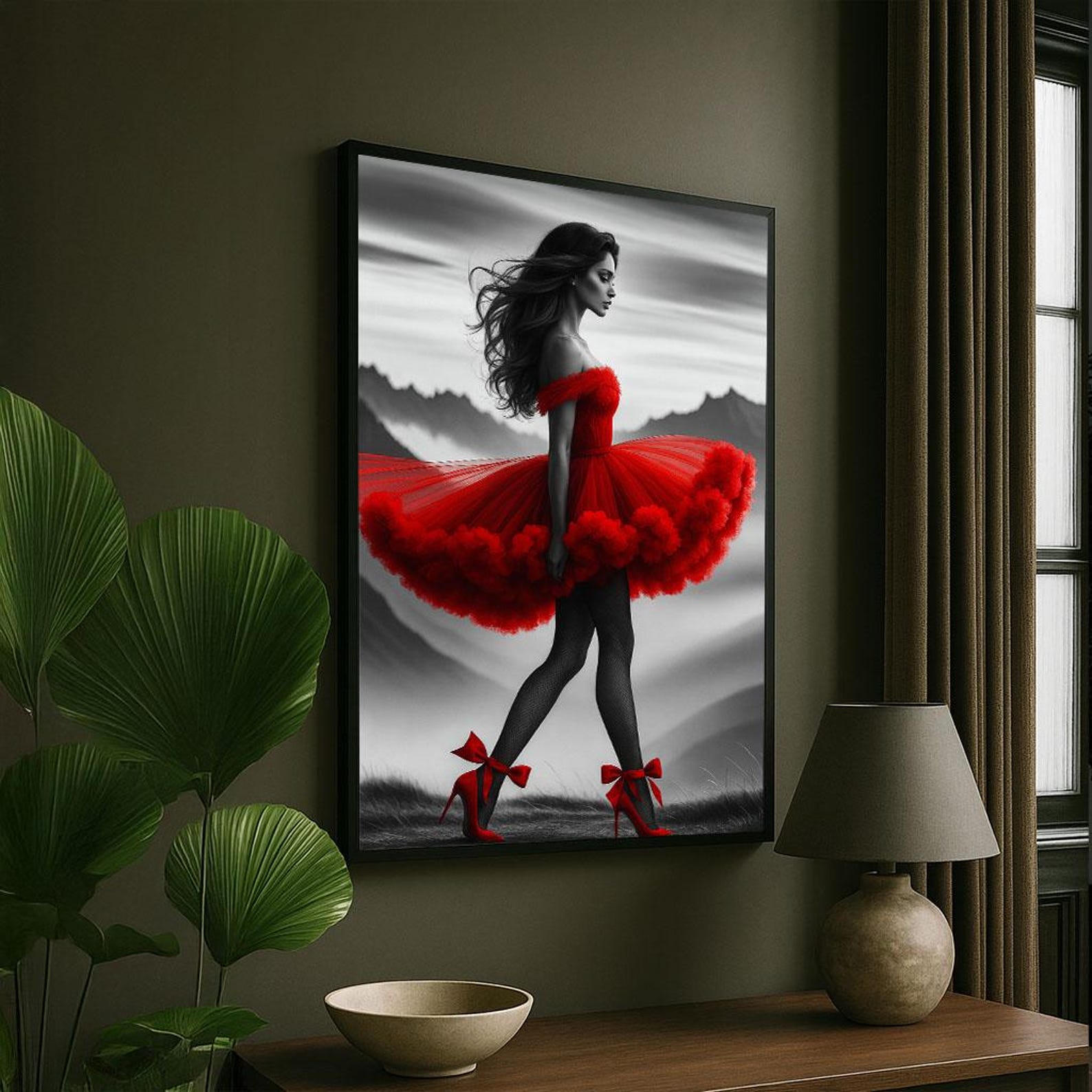 Red Dress Woman Art Print | Elegant Canvas Wall Decor - Etsy