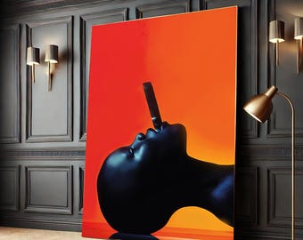Black Woman Cigar Canvas Art, Modern Portrait, Orange Wall Decor