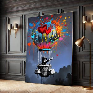 Colorful Graffiti Heart Balloon Canvas, Urban Street Art Wall Print, Banksy Inspired Boy Poster, Modern Pop Art for Home Decor