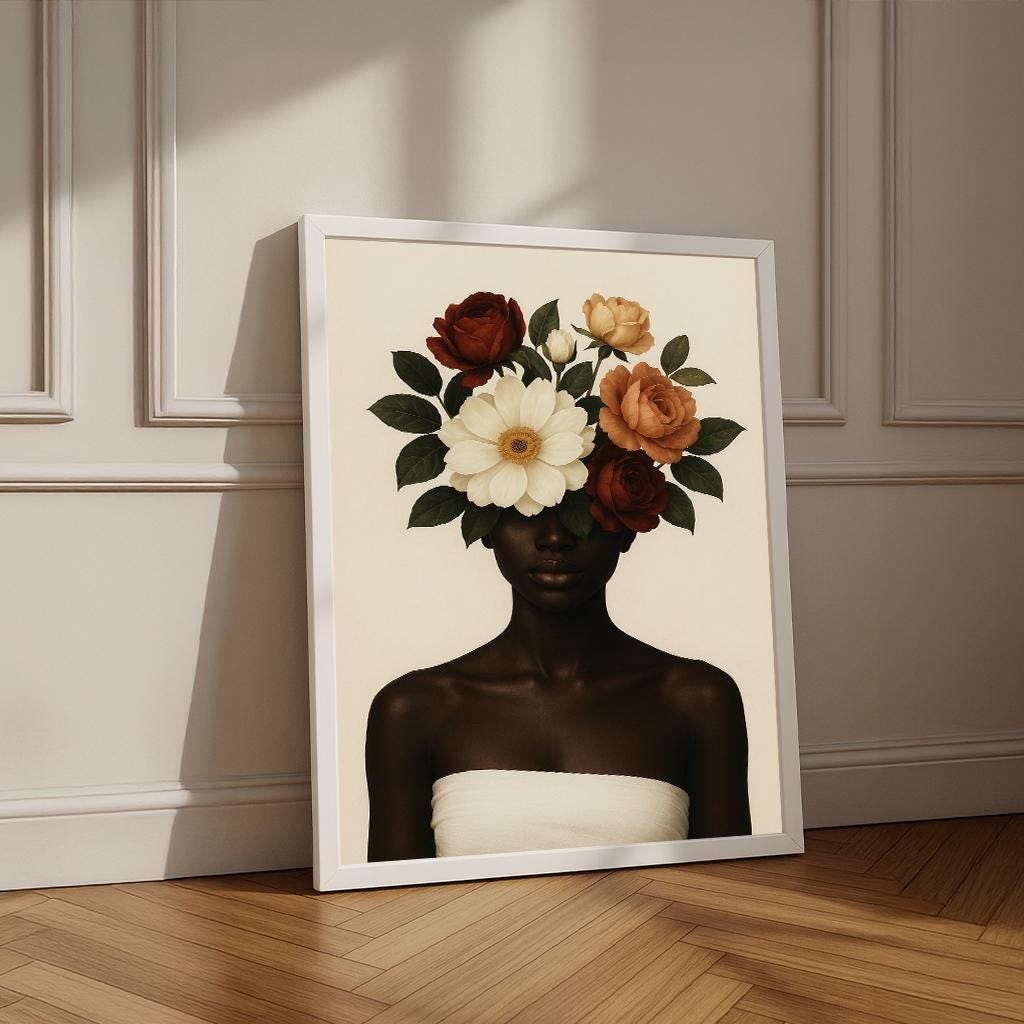 Floral Woman Portrait Canvas, Minimal Botanical Wall Art Print, Ready ...