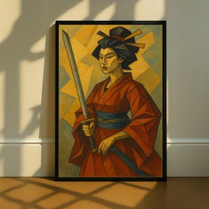 Cubist Geisha Samurai Print, Japanese Warrior Canvas Art, Red Kimono Wall Poster, Abstract Home Decor, Canvas Wall Art Print, Ready to Hang