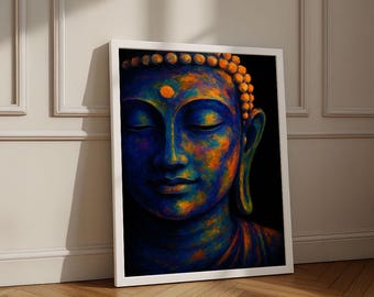 May include: A framed art print featuring a colorful depiction of Buddha's face. The artwork showcases a serene expression with closed eyes, rendered in shades of blue, orange, and yellow against a black background. The print is in a white frame.