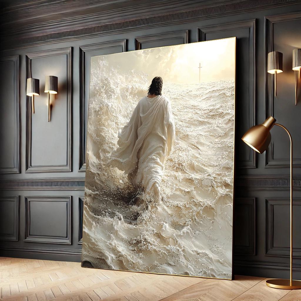 Jesus Walking on Water Canvas Wall Art Print – Christian Religious Ocean Painting for Faithful Home Decor
