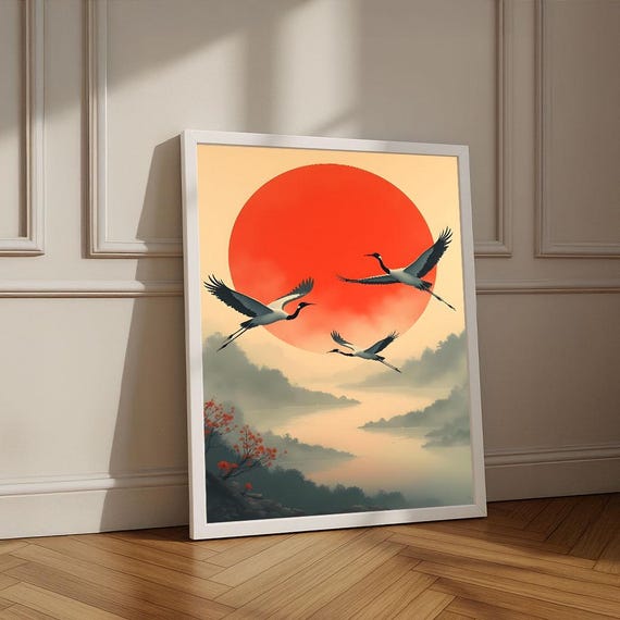 鶴のキャンバスアートプリント｜赤い太陽、霧のかかった風景 - Etsy 日本