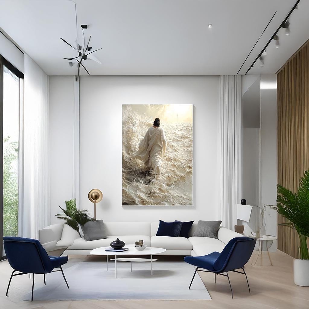 Jesus Walking on Water Canvas Wall Art Print Ready To Hang – Christian Religious Ocean Painting for Faithful Home Decor