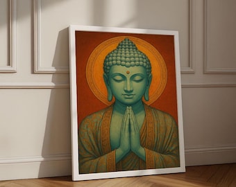 Puede incluir: Una impresión artística enmarcada que presenta una serena figura de Buda. El Buda se representa con una tez verde azulada, manos en oración y un bindi rojo. El fondo es naranja cálido con un halo dorado, y el marco es blanco.