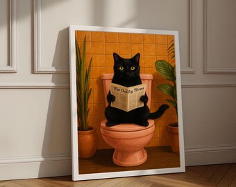 Quirky Black Cat Bathroom Canvas Wall Art Print | Vintage-Style Living Room Decor | Statement Piece