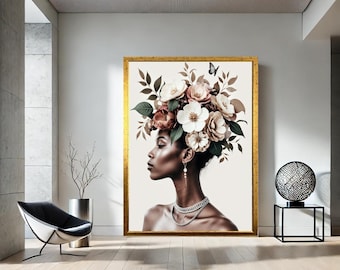 Black Woman Floral Portrait Canvas, Afrocentric Home Decor