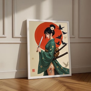 Samurai Woman in Kimono Canvas Wall Art Print | Japanese Style Living Room Decor | Statement Piece