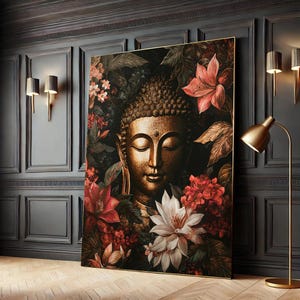 Golden Buddha Canvas Art, Spiritual Zen Wall Decor, Floral Meditation Artwork, Black Frame Options, Canvas Wall Art Print Home Decor Gift