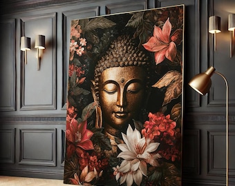 May include: A golden Buddha statue with closed eyes surrounded by lush red, white, and green floral details against a dark background.