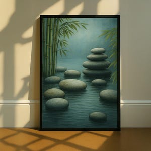 Zen Stone Canvas Art, Bamboo Wall Decor, Peaceful Nature Print, Meditation Room Poster, Canvas Wall Art Print, Home Decor, Ready to Hang