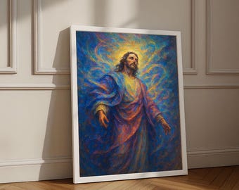 Può includere: Un dipinto incorniciato raffigura una figura con capelli lunghi e barba, che indossa una veste blu e viola, con le braccia tese. Lo sfondo è un vivace mix di blu e giallo, che crea un effetto alone. L'opera d'arte è in una cornice bianca.