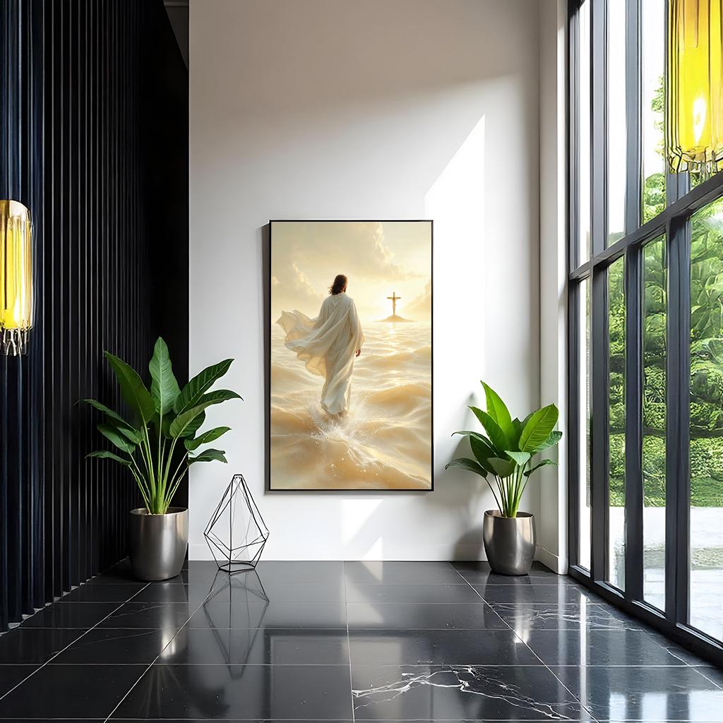 Jesus Walking on Water Canvas Wall Art Print – Christian Religious Ocean Painting for Faithful Home Decor