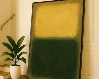 May include: Large framed abstract art piece with a yellow upper half and a dark green lower half. The artwork is displayed in a room with a plant in a white pot and a staircase with a brass handrail.