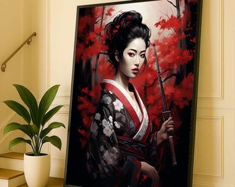 May include: A framed art print featuring a woman in a traditional Japanese kimono, holding a sword. The artwork showcases a dark color palette with red and black tones, set against a backdrop of red foliage. The woman has dark hair and is looking at the viewer.