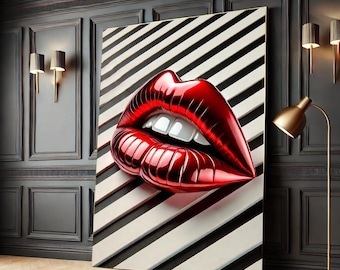 3D Red Lips Canvas Print, Optical Illusion Pop Art
